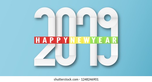 Happy New Year 2019 in material design concept on blue background. Vector illustration in paper cut and digital craft.