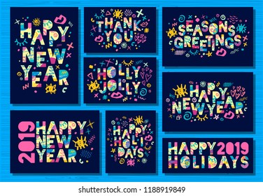 Happy New Year 2019, Merry Christmas greeting cards, banners, brochure, flyer, party, holiday invitation, corporate celebration. Colorful hand drawn vector illustration