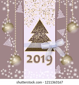 Happy New Year. 2019. Merry Christmas card. Drawing Christmas balls. Vector Illustration