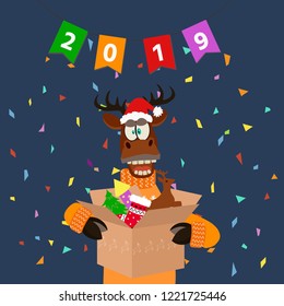 Happy New Year 2019 and Merry Christmas greeting card. Cute deer in a santa suit holding a box with a gift and background. Boxes with a toys and a serpentine. Vector