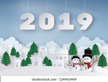 Happy New Year 2019 and Merry Christmas. Paper art of snowman, snow woman and Christmas tree. City space and landscape in winter season. Vector illustration.