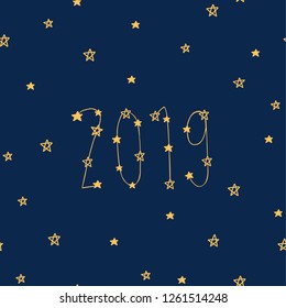 Happy New Year 2019. Merry Christmas. Seamless pattern with stars for gift wrap, textile or book covers, wallpapers and scrapbook. Vector.