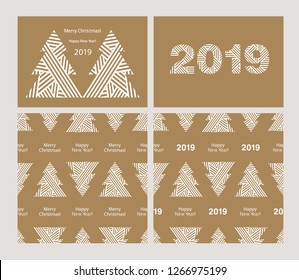 Happy New Year 2019. Merry Christmas. Set of simple Greeting cards and seamless pattern for Kraft wrapping paper. Vector.