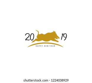Happy New Year 2019 Minimal Modern Gold Pig Zodiac Monogram Vector Illustration