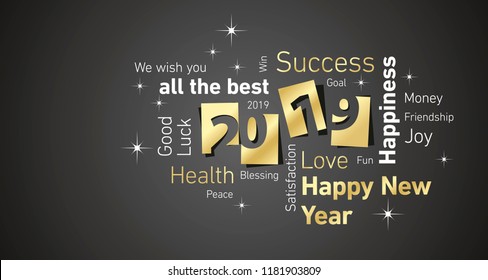 Happy New Year 2019 negative space word cloud gold white black vector