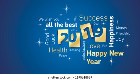 Happy New Year 2019 negative space cloud text gold white blue vector