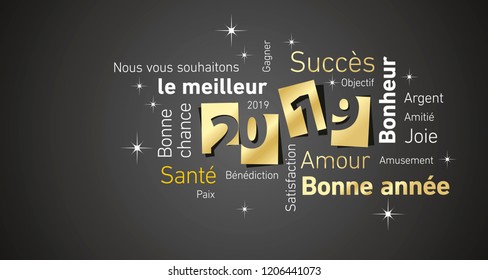 Happy New Year 2019 negative space French cloud text gold white black vector