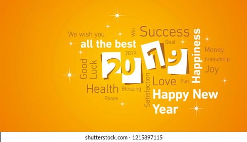Happy New Year 2019 negative space cloud text white orange yellow vector