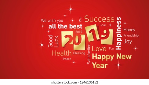 Happy New Year 2019 negative space cloud text gold white red vector