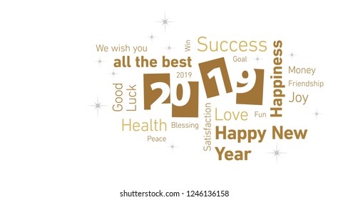 Happy New Year 2019 negative space cloud text gold white silver vector