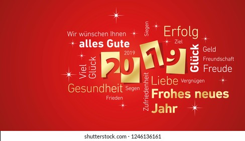 Happy New Year 2019 negative space German language cloud text gold white red vector