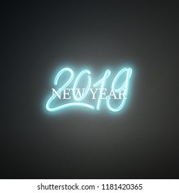 Happy New Year 2019 neon interlaced shiny text design, postcard, banner, vector illustration