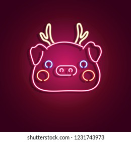 Happy New Year 2019 neon sign and chinese new year of the pig. Neon sign, bright signboard, light banner. Vector icon