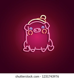 Happy New Year 2019 neon sign and chinese new year of the pig. Neon sign, bright signboard, light banner. Vector icon