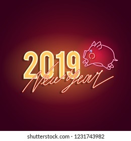 Happy New Year 2019 neon sign and chinese new year of the pig. Neon sign, bright signboard, light banner. Vector icon