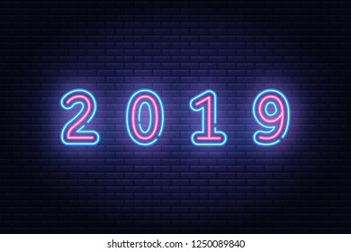 Happy New Year 2019 neon numbers. Vector illustration eps 10.
