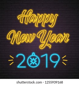 Happy New Year 2019 Neon Light Glowing Vector Illustration. Letter Neon Bright Yellow Color