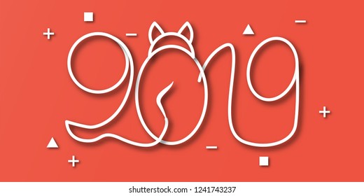 Happy New Year 2019 with on red background. Vector illustration with calligraphy design of number in paper cut and digital craft style.