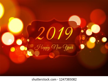 Happy New Year 2019 on Bokeh Light Red Background, Vector Illustration