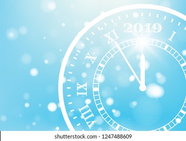 Happy New Year 2019 on blue background for celebration, party, and new year event. Count down time five minutes to midnight. Vector illustration