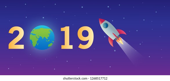 happy new year 2019 on the space combining the moon and the planet earth astronomy style with star light vector design illustration