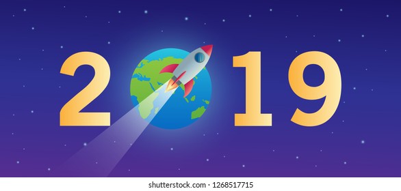 happy new year 2019 on the space combining the moon and the planet earth astronomy style with star light vector design illustration
