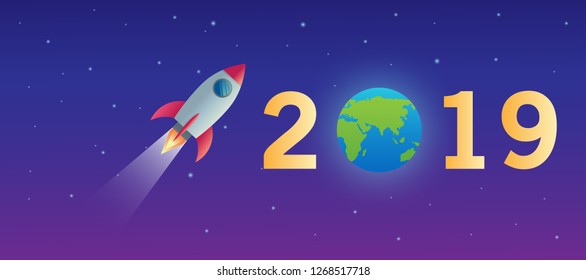 happy new year 2019 on the space combining the moon and the planet earth astronomy style with star light vector design illustration