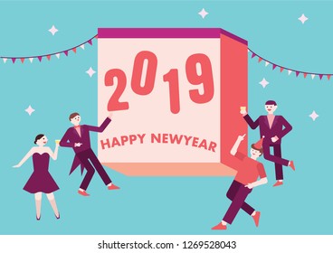 happy new year 2019 on calendar with people party around, Vector illustration in flat style
