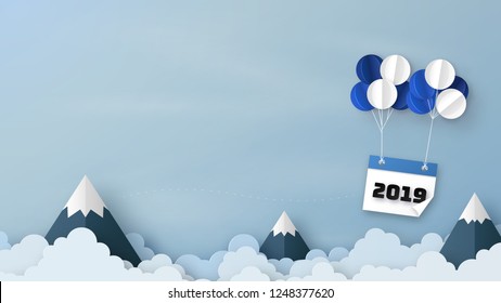 Happy new year 2019. Origami made of Balloons with Calendar 2019 and red plane floating in the air on urban landscape background. paper art design and craft style. copy space. illustration and vector.