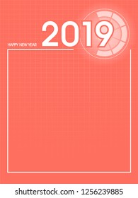 Happy New Year 2019 over grid pattern, coral tone background