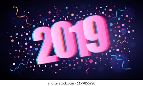 Happy New Year 2019 overlapping numbers with colorful round confetti over dark violet background for your graphic and web design