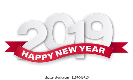 Happy new year 2019. Paper numbers with text on red ribbon. Vector template for greeting card, invite card or flyer with sale promotion.