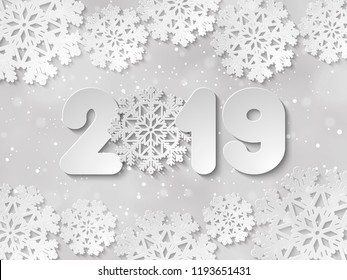 Happy New Year 2019  paper cut out background with snowflake decoration. Vector illustration