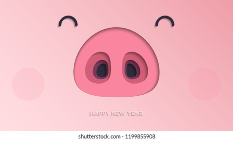 Happy New Year 2019 paper cut background. The Year of the Pig. Vector illustration of cute funny piglet face for your poster, banner, postcard, invitation or greeting card design