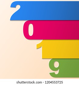 Happy New Year 2019 paper strips. 2019 colorful theme, card template. Vector illustration