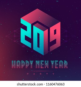 Happy New Year 2019 party. Futuristic design posters with abstract elements and gradients. Applicable for covers, placards, music posters, dj flyers and banner designs.
