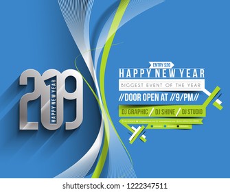 Happy New Year 2019 Party Flyer & Poster Design, Vector illustration.