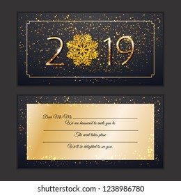 Happy New Year 2019 party card. Greting VIP celebrate New Year personal invitation Sparkling golden snowflake with glitter texture for Christmas, New Year 2019 . Vector stock template corporate invite