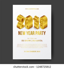 Happy new year 2019 party invitation poster template with isometric 3d gold number on the white background. vector illustration