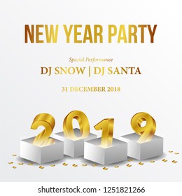 Happy new year 2019 party poster template with 3d gold number with white box open and confetti. vector illustration