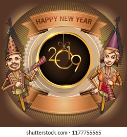 happy new year 2019, people party vector illustration, design gold colored, vector elements for greeting card new year celebration