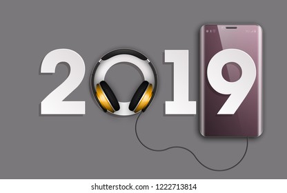 Happy New Year 2019 phone headphones. Smartphone banner. Greeting card telephone design template 2019 flyer. phone date 2019 year poster. Celebrate phone headphones brochure. Telephone flyer