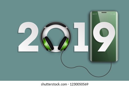 Happy New Year 2019 phone headphones. Smartphone banner. Greeting card telephone design template 2019 flyer. phone date 2019 year poster. Celebrate phone headphones brochure. Telephone flyer