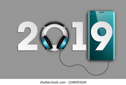 Happy New Year 2019 phone headphones. Smartphone banner. Greeting card telephone design template 2019 flyer. phone date 2019 year poster. Celebrate phone headphones brochure. Telephone flyer