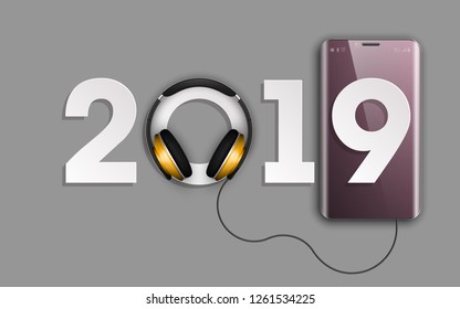 Happy New Year 2019 phone headphones. Smartphone banner. Greeting card telephone design template 2019 flyer. phone date 2019 year poster. Celebrate phone headphones brochure. Telephone flyer