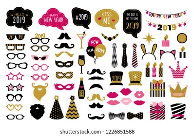 Happy new year 2019 photo booth props. New year eve party.  Photobooth vector set for masquerade. Black and gold mask, mustache, hat, glasses, bow tie, kiss, beard. Christmas and new year costume.