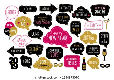 Happy new year 2019 photo booth props. New year eve party. Photobooth vector set for masquerade. Christmas and new year funny quotes on speech bubbles. Cheers, celebrate, kiss me, drunk.
