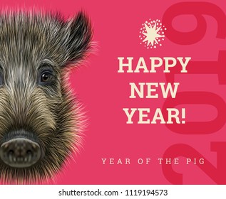 Happy New Year 2019 year of the pig paper card. Chinese years symbol, Zodiac sign for greetings card, flyers and invitation with boar