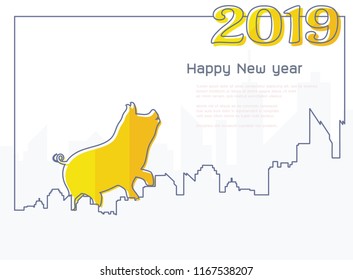 Happy new year 2019 with pig and skyline background vector illustration design,pig in the city