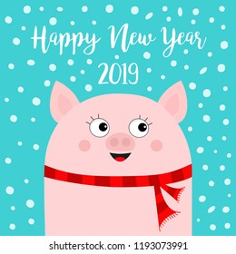 Happy New Year 2019. Pig wearing red scarf. Chinise symbol. Hands up. Snow flake falling down. Cute cartoon funny character. Flat design. Blue background. Isolated. Vector illustration